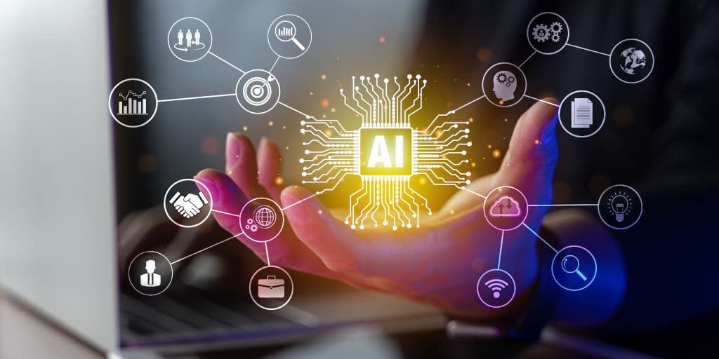 Businessman touching the brain working of Artificial Intelligence (AI) in the futuristic business and coding software development on interface