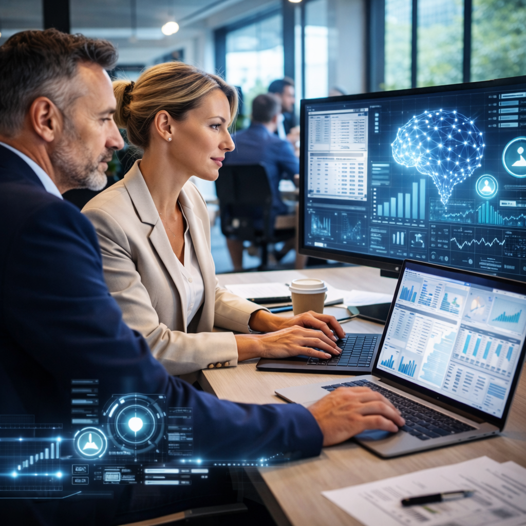 expert comptable utilisant des outils digitaux et intelligence artificielle pour analyser des données financières