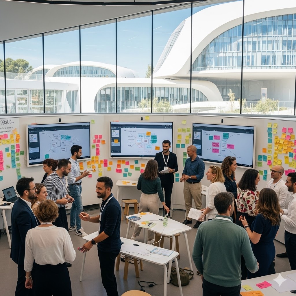 Groupe de professionnels en pleine session de formation intelligence collective à thecamp training, collaborant avec des post-its et des écrans interactifs dans un espace innovant.